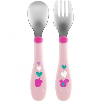 Набор столовых приборов CHICCO METAL CUTLERY 18м+ (ложка, вилка), розовый